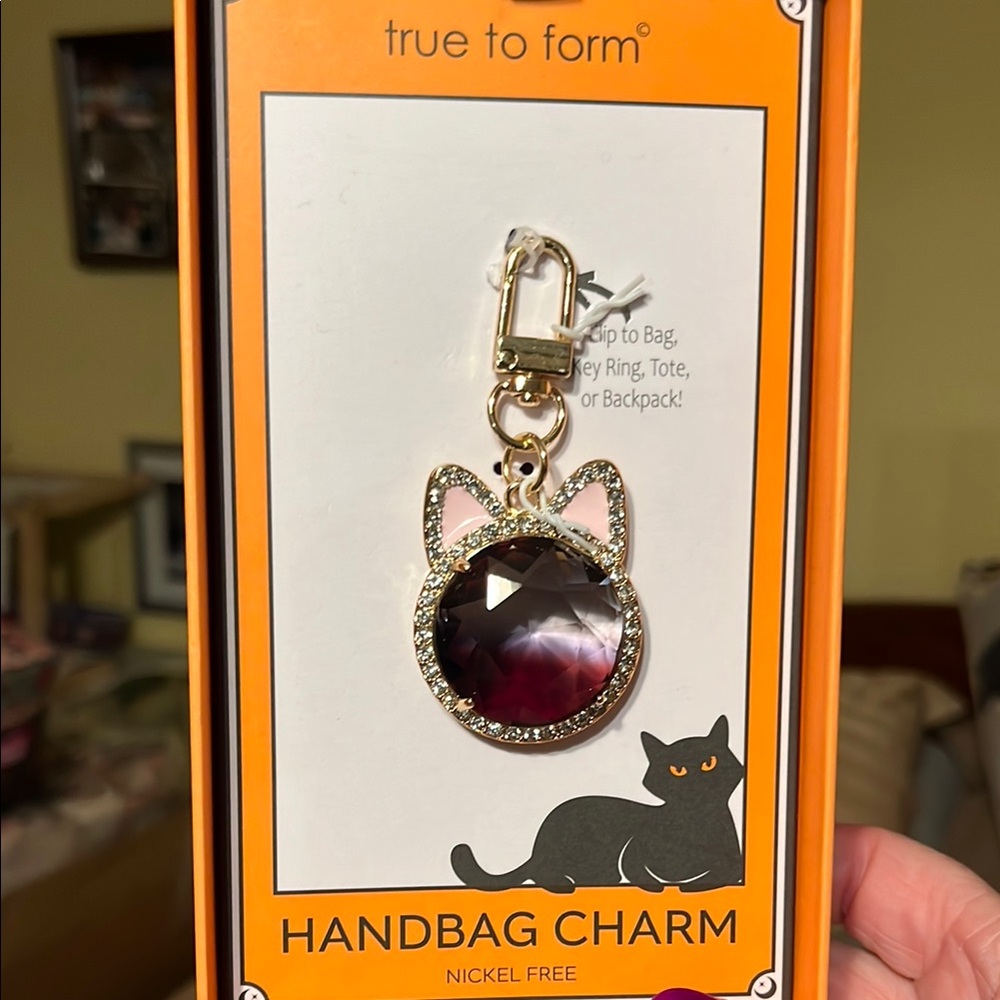 True to Form Cat Handbag Charm - Purple and Gold Rhinestones and Pink Ears NIB